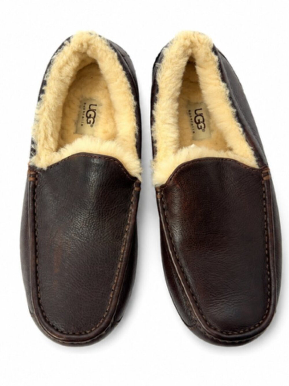 UGG Australia Men’s Size 9 Brown Leather Shearling Lined Loafers Slip On Shoes
